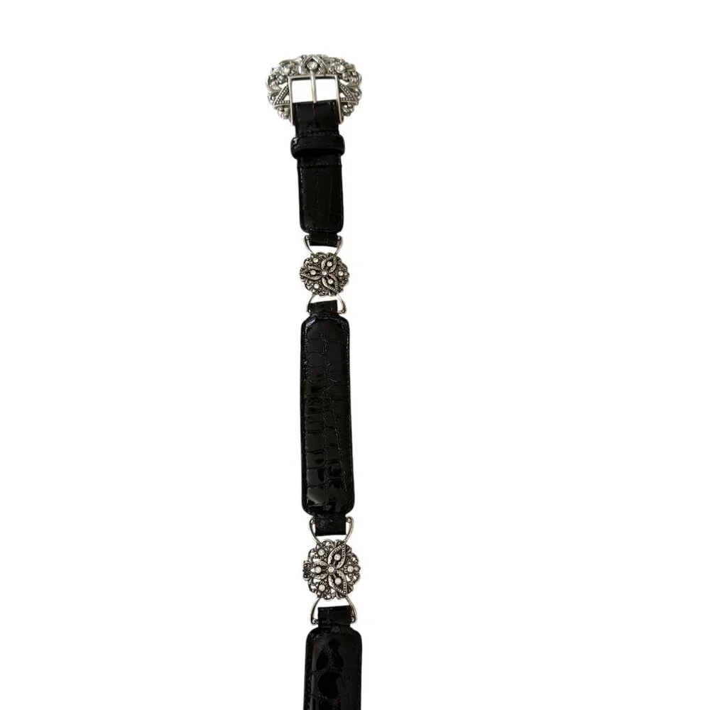Vintage Brighton Empire Lace Black Croc Embossed Patent Leather Belt Crystals - Picture 16 of 16